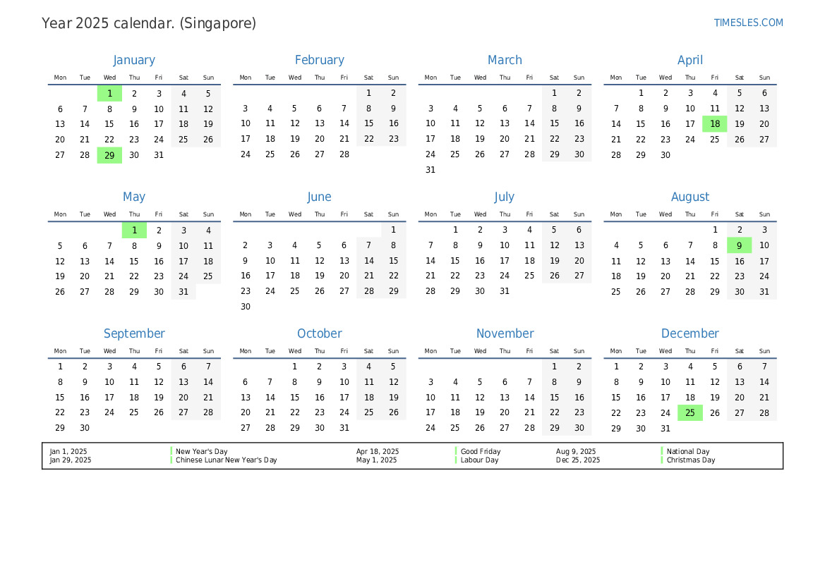 Calendar for 2025 with holidays in Singapore Print and download calendar
