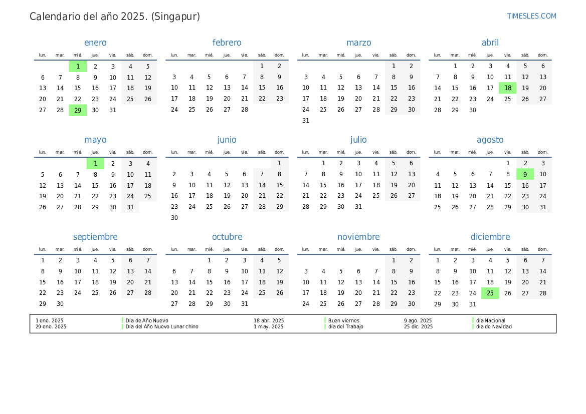 Calendario 2025 con días festivos En Singapur Imprimir y descargar