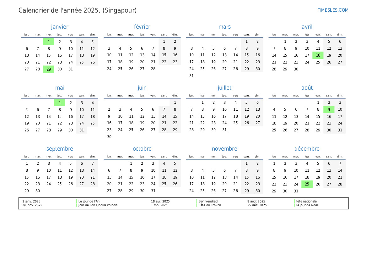 Calendrier 2025 avec jours fériés à Singapour  Imprimer et télécharger le calendrier