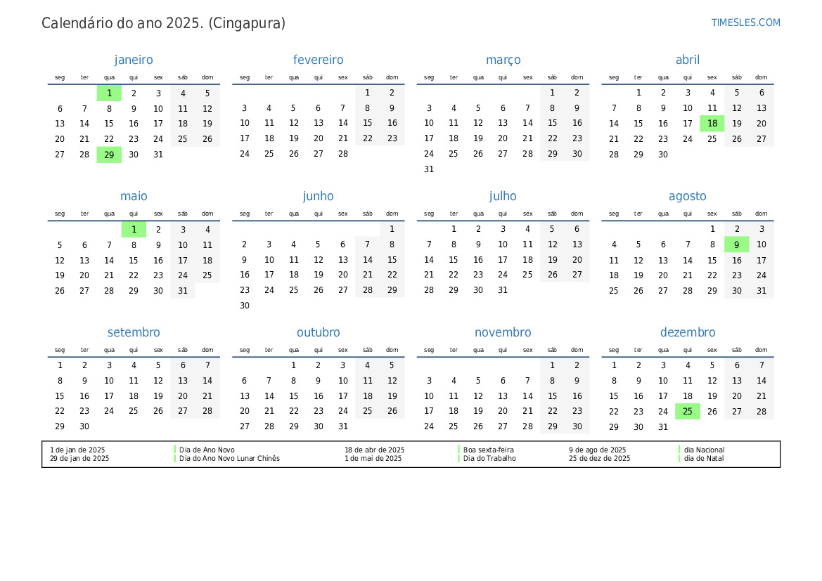 Calendário 2025 com feriados em Singapura Imprimir e baixar calendário