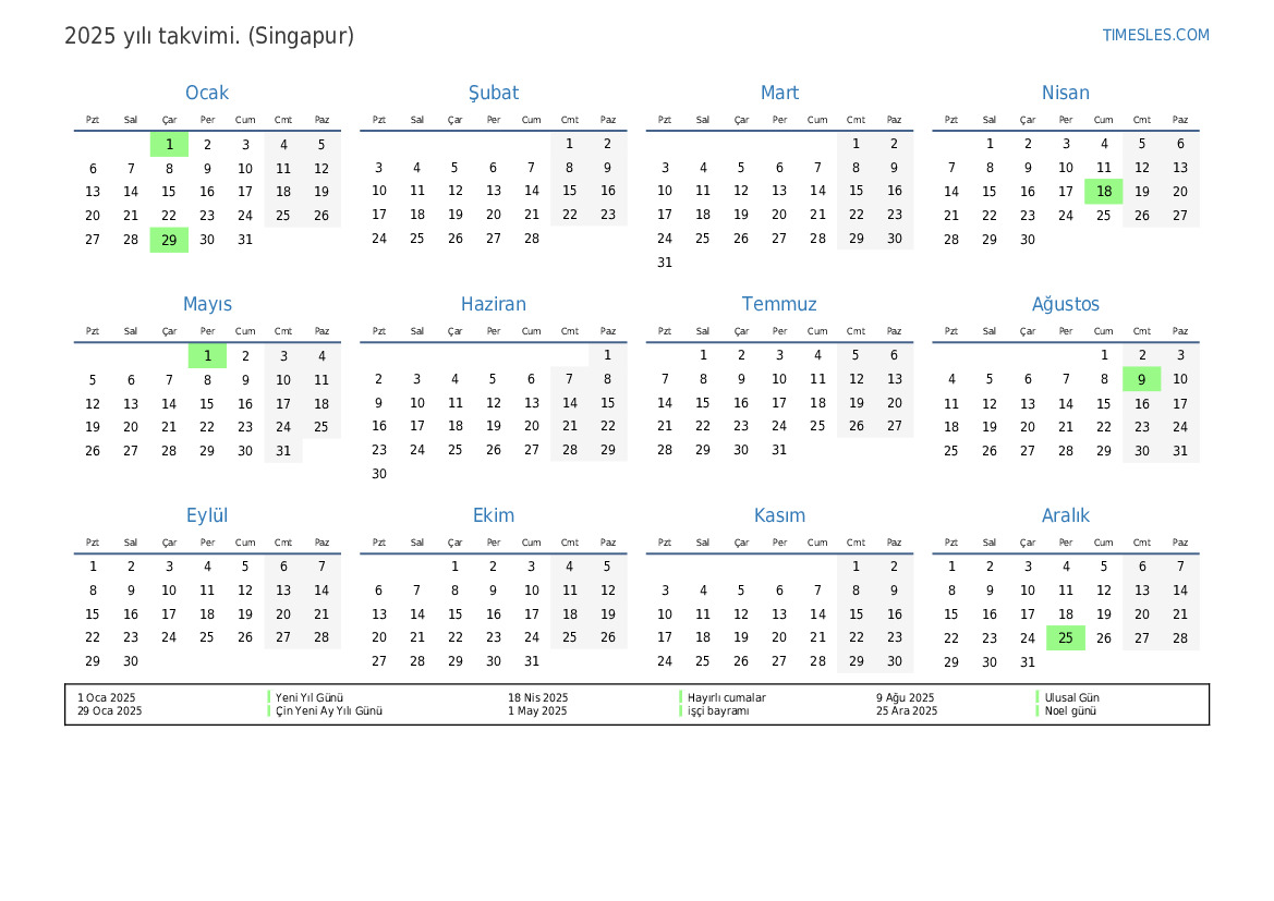 Singapur'da tatiller ile 2025 için takvim Takvimi yazdırın ve indirin Singapore Calendar 2025 With Public Holidays
