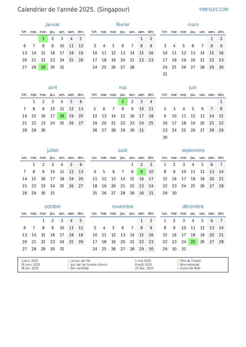 Calendrier 2025 avec jours fériés à Singapour  Imprimer et télécharger le calendrier