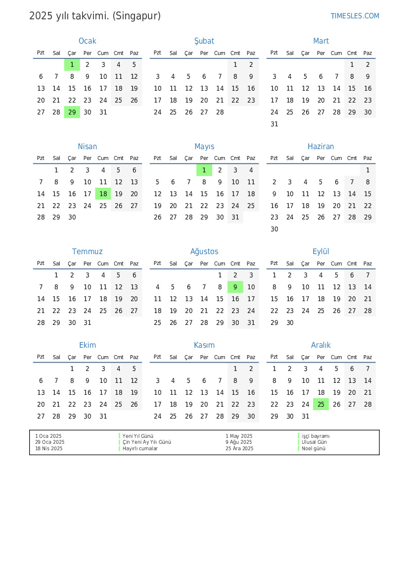 Singapur'da tatiller ile 2025 için takvim Takvimi yazdırın ve indirin