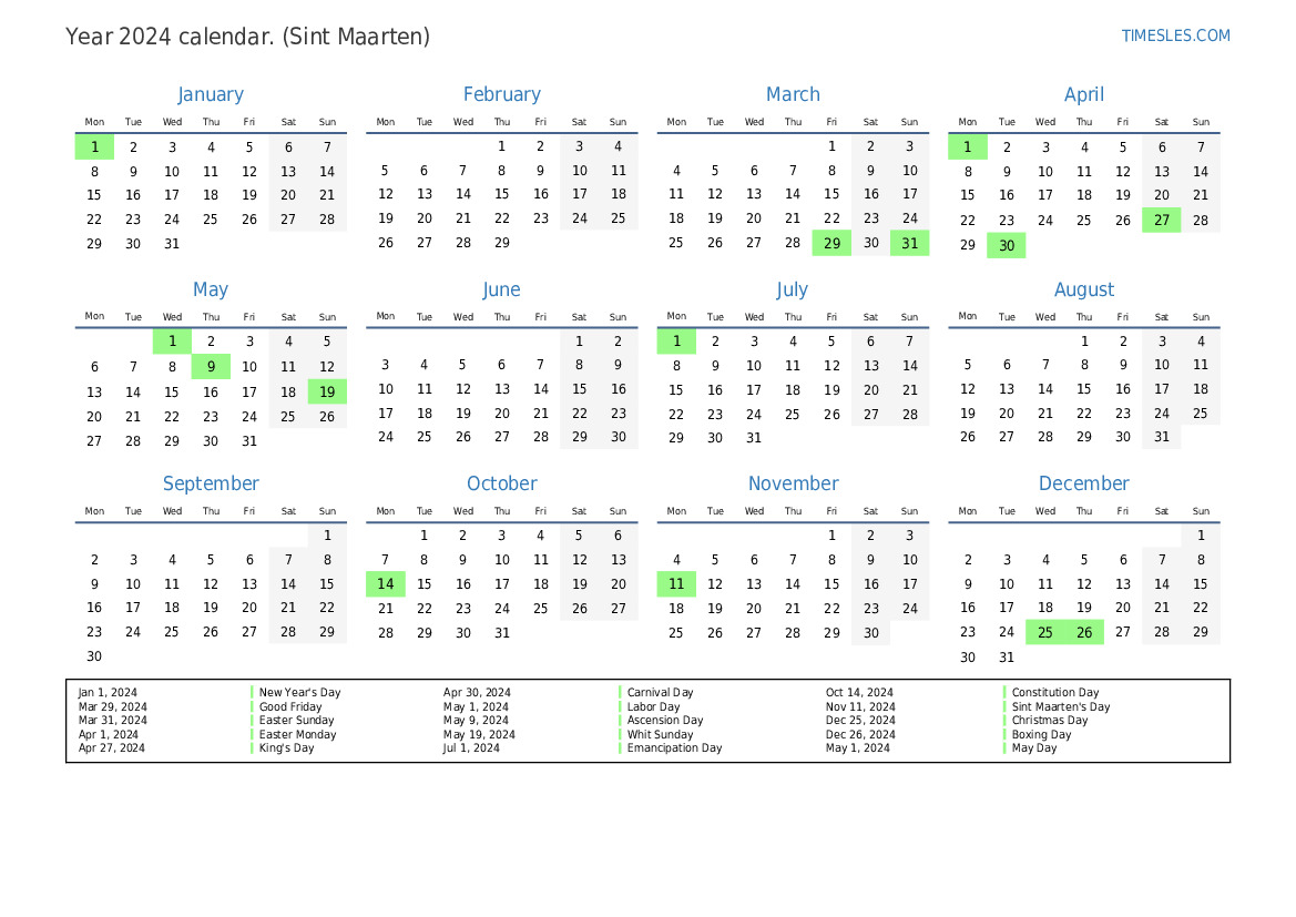 Calendar for 2024 with holidays in Sint Maarten Print and download