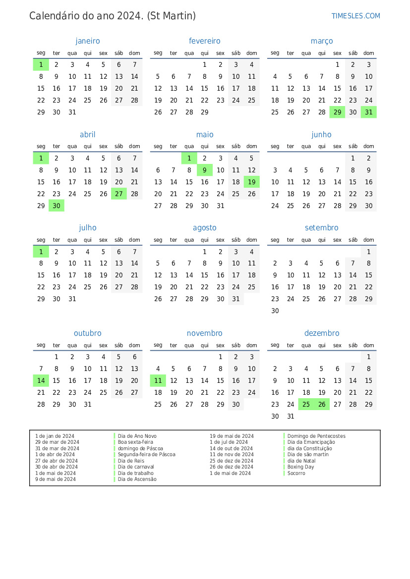 Calendário 2024 com feriados em Sint Maarten Imprimir e baixar calendário