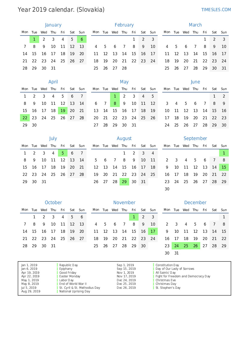 Calendar for 2019 with holidays in Slovakia Print and download calendar