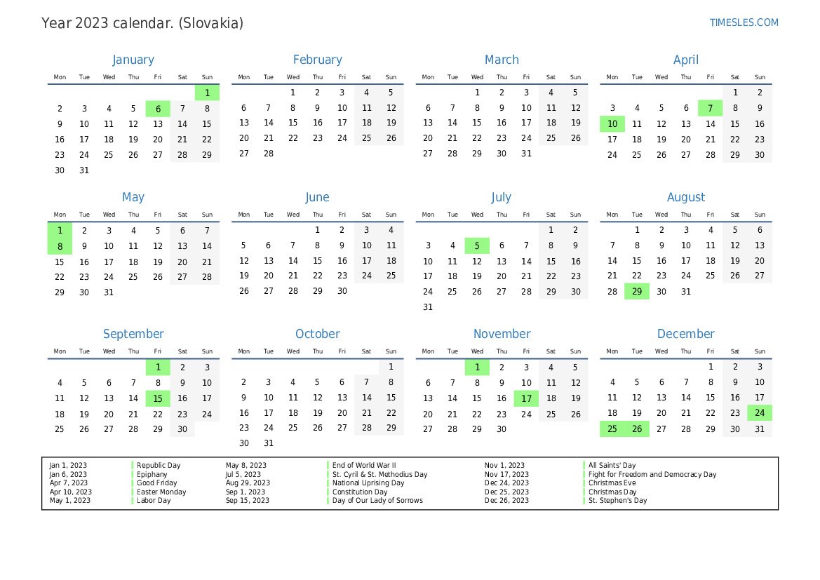 Calendar for 2023 with holidays in Slovakia | Print and download calendar