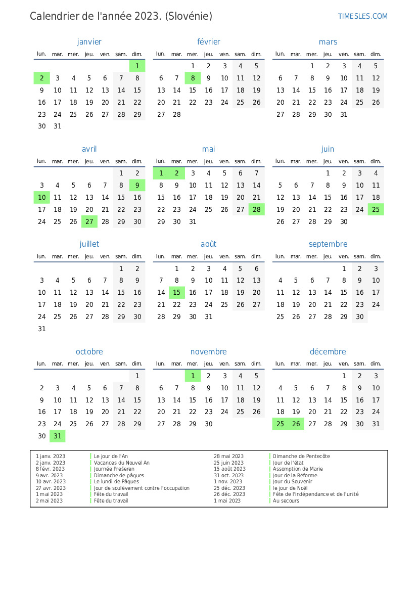 Calendrier Jours Ouvrable 2023 Calendrier 2023 Avec Jours Fériés En Slovénie | Imprimer Et Télécharger Le  Calendrier