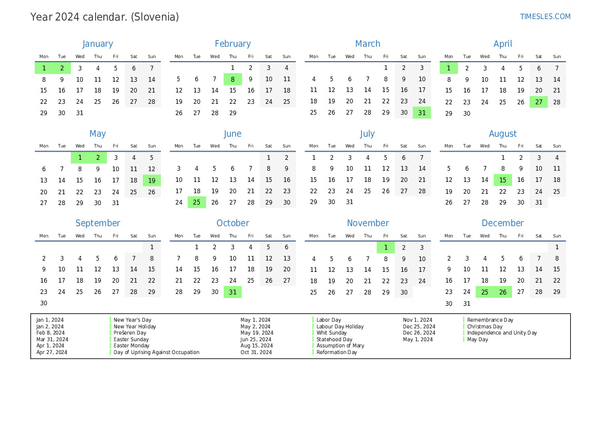 Calendar for 2024 with holidays in Slovenia Print and download calendar