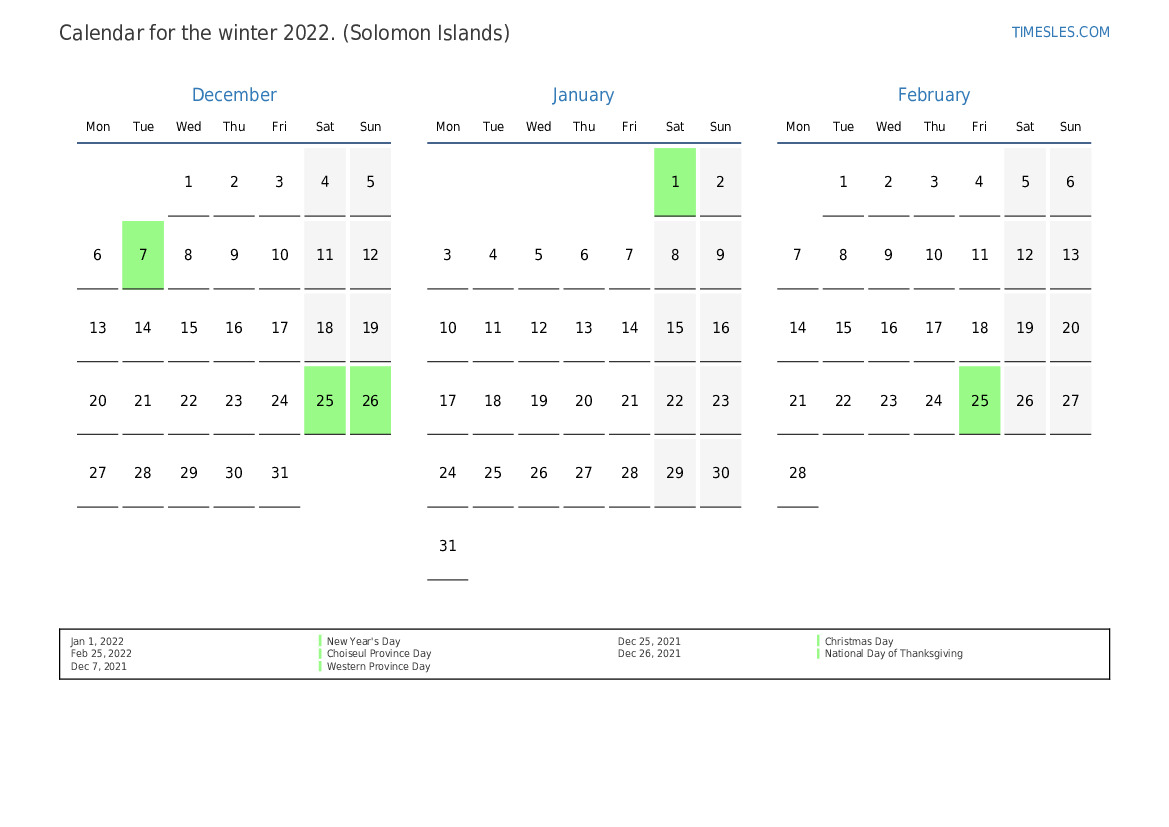 Calendar for 2022 with holidays in Solomon Islands Print and download