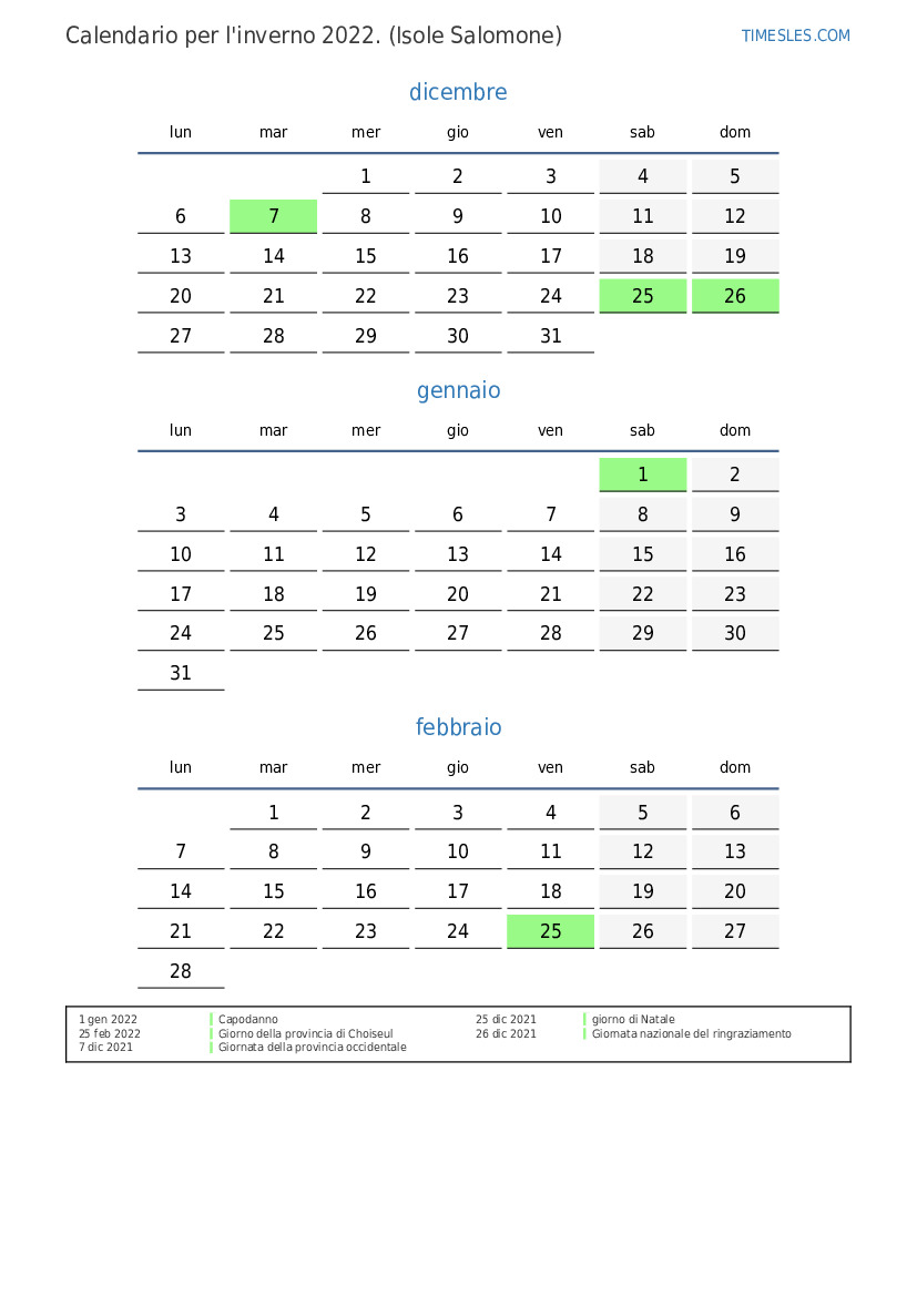 Calendario per il 2022 con giorni festivi nelle Isole Salomone Stampa