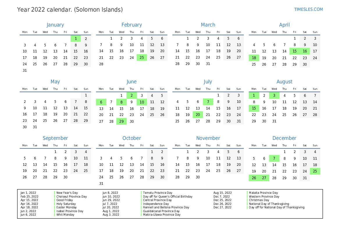 Calendar for 2022 with holidays in Solomon Islands | Print and download ...
