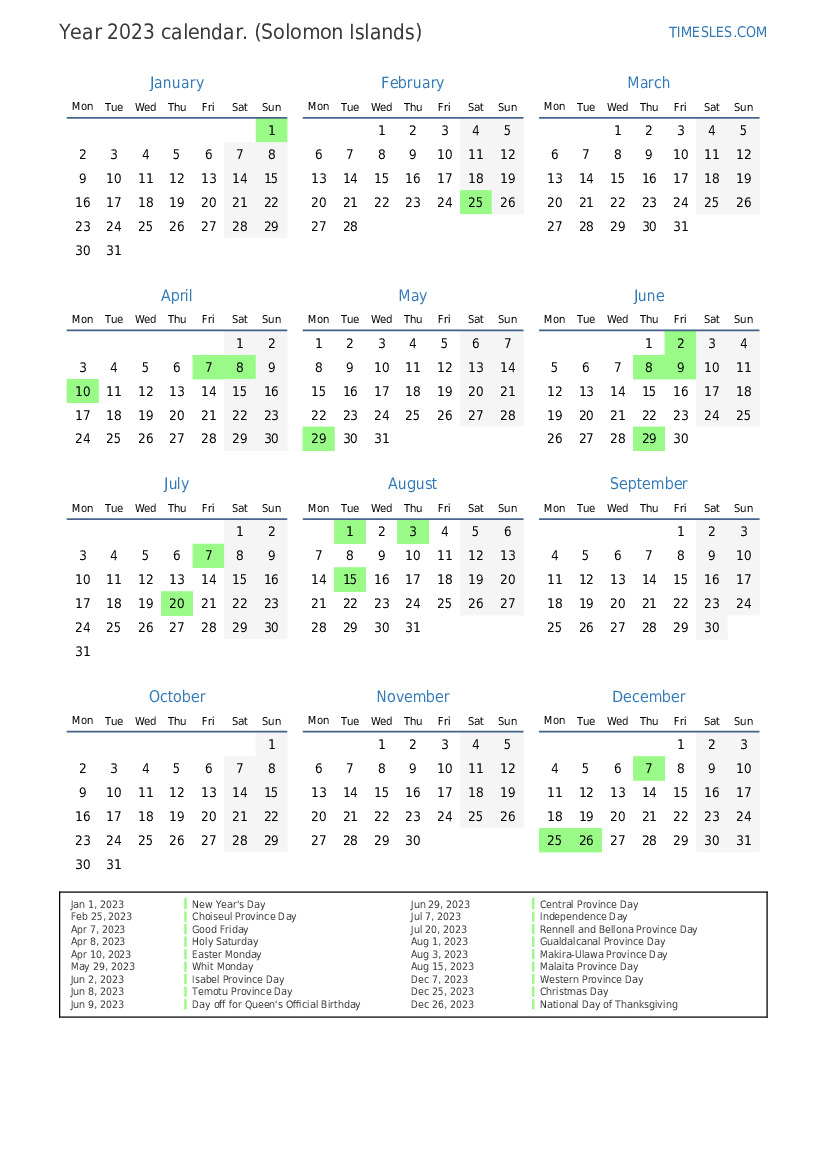 Calendar for 2023 with holidays in Solomon Islands Print and download