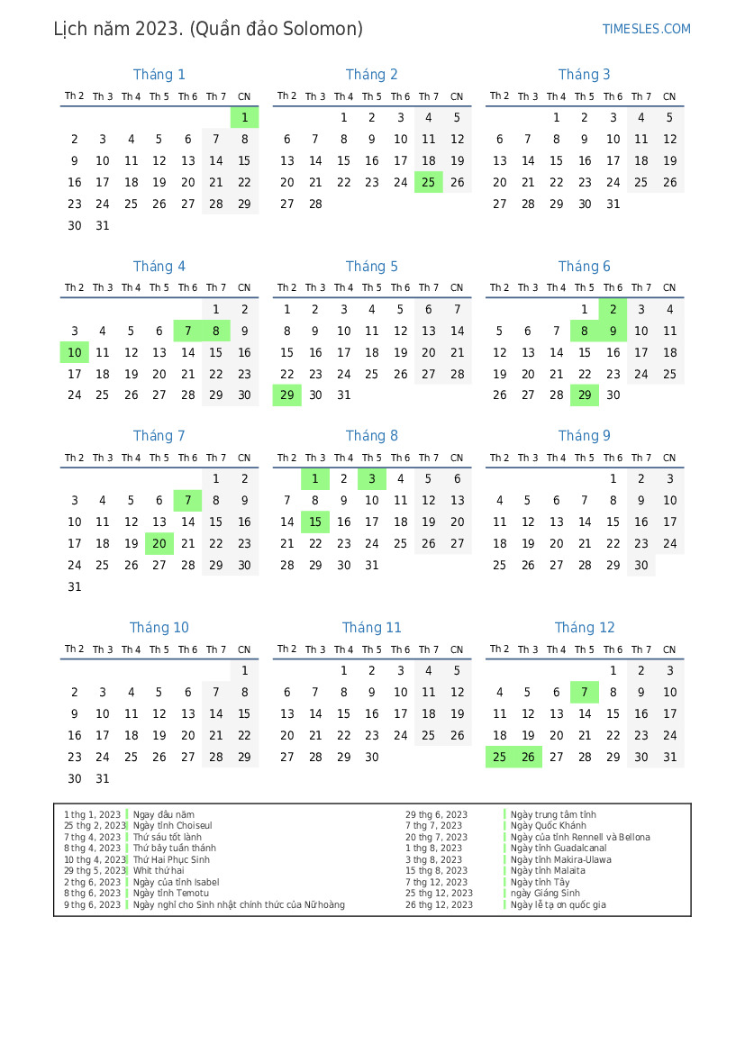 Lịch cho năm 2023 với các ngày lễ ở quần đảo Solomon | In và tải xuống lịch