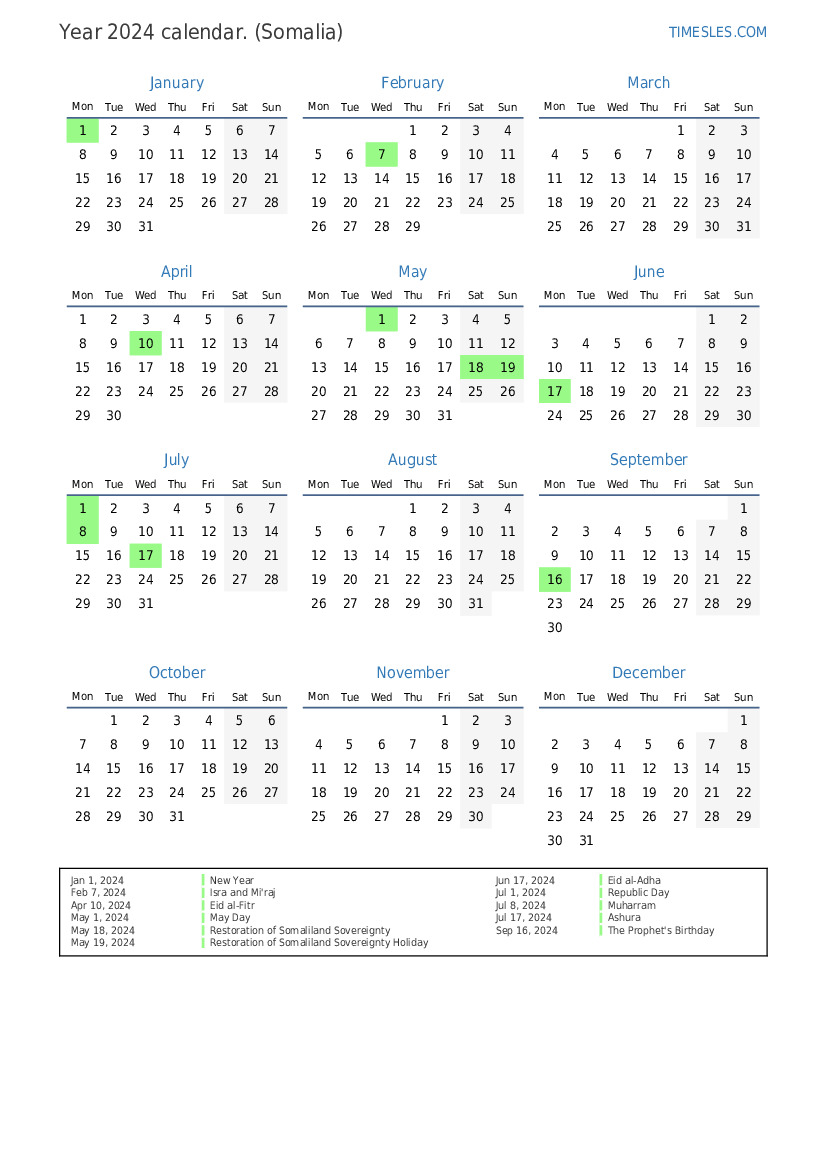 Calendar for 2024 with holidays in Somalia Print and download calendar