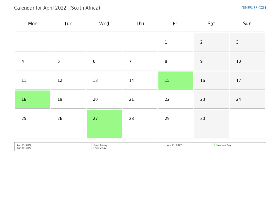 April 2022 calendar with holidays in South Africa Print and download