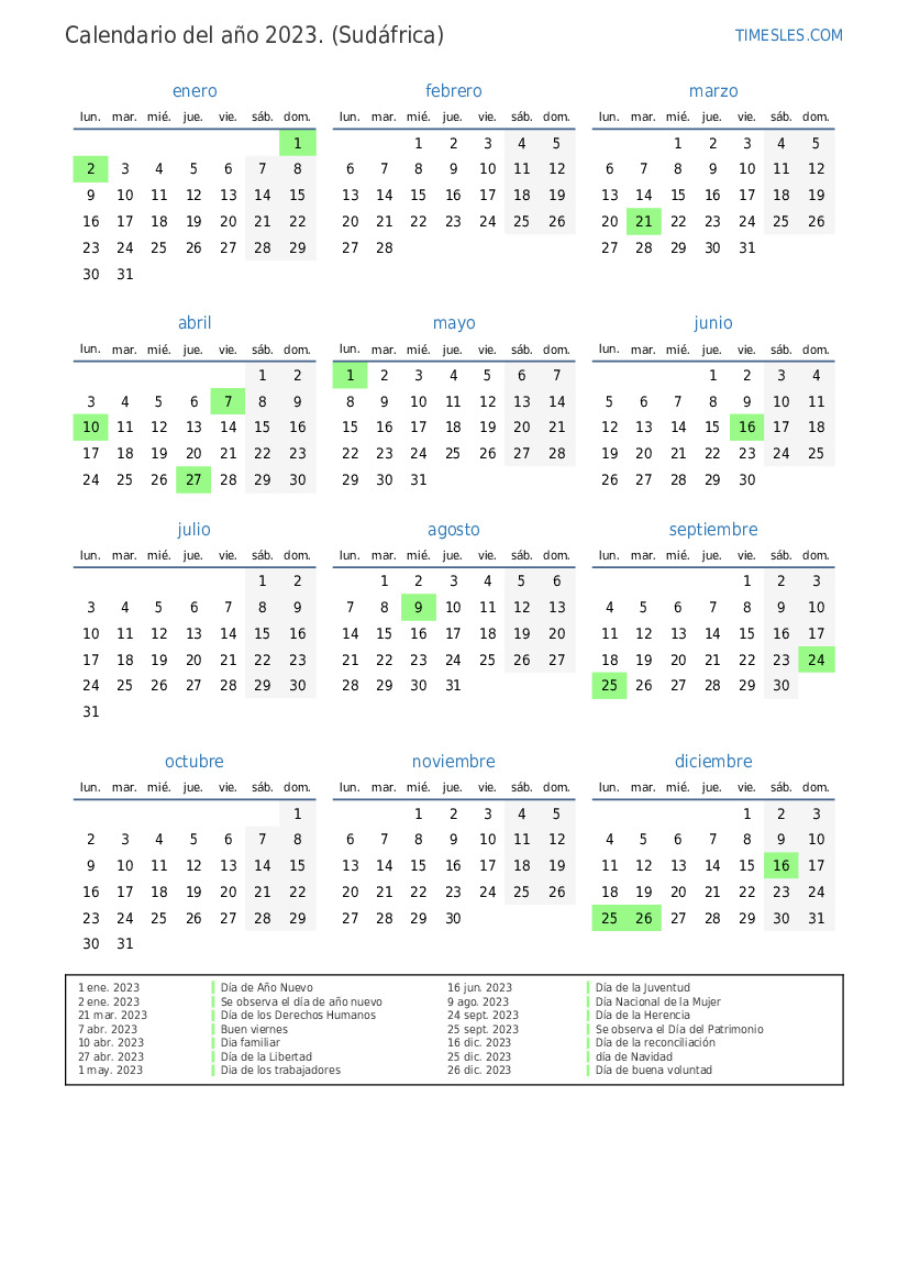 Calendario 2023 con días festivos En Sudáfrica Imprimir y descargar
