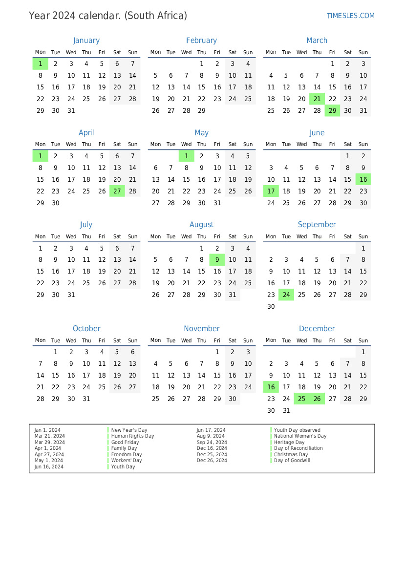 Calendar for 2024 with holidays in South Africa Print and download