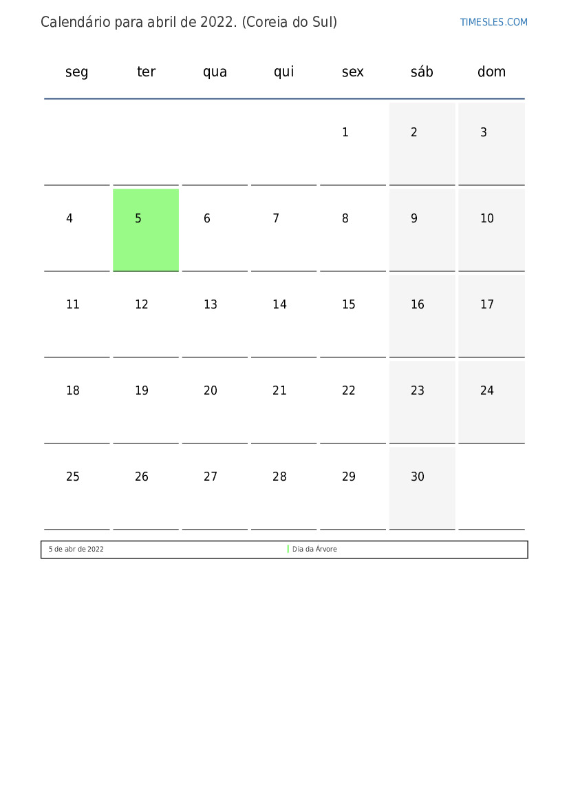 Calendário de abril de 2022 com feriados na Coreia do Sul Imprimir e baixar calendário Calendário de abril de 2022 com feriados na Coreia do Sul Imprimir e baixar calendário