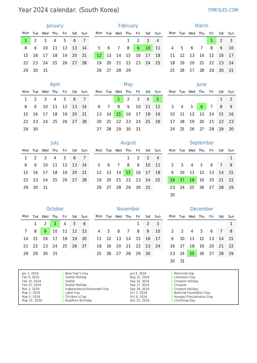 Calendar for 2024 with holidays in South Korea | Print and download