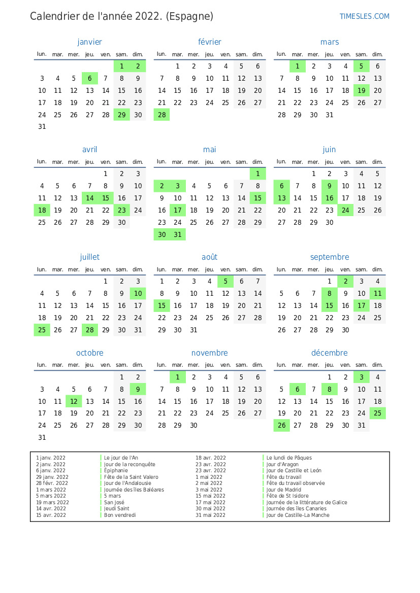 Calendrier 2022 avec jours fériés en Espagne | Imprimer et télécharger ...