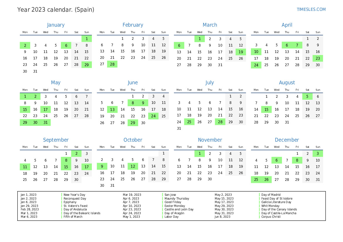 Calendar for 2023 with holidays in Spain | Print and download calendar