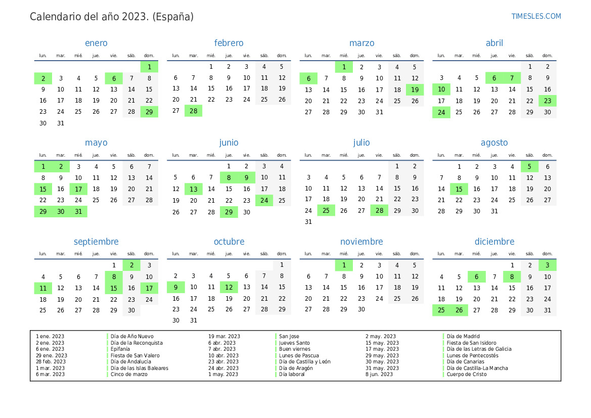 Calendario 2023 Con Días Festivos En España Imprimir Y Descargar