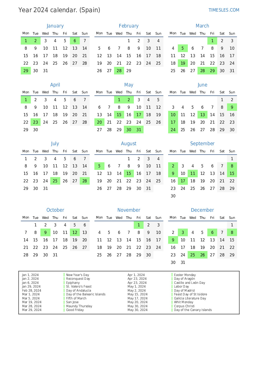 Calendar for 2024 with holidays in Spain | Print and download calendar