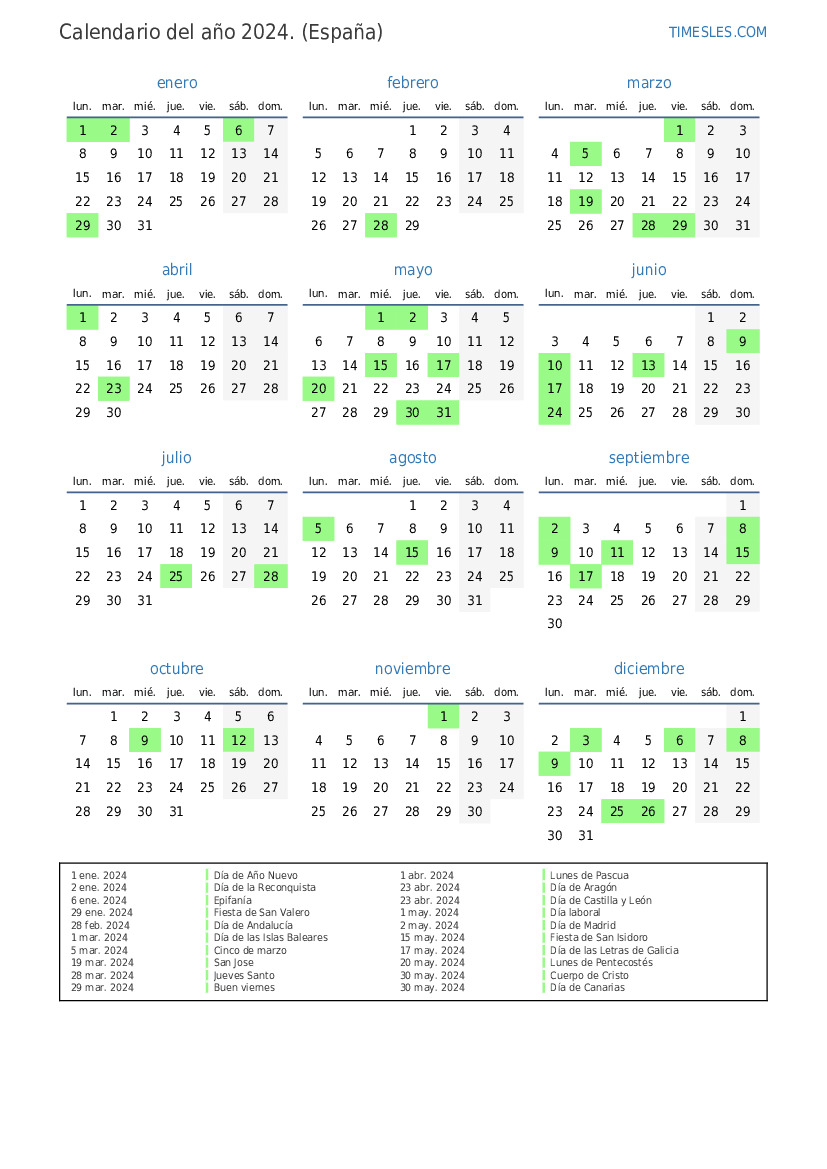 Calendario 2024 con días festivos en España Imprimir y descargar
