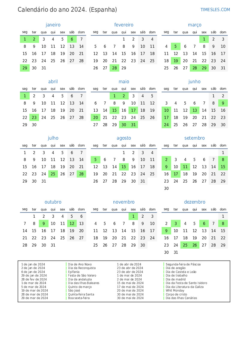 Calendário 2024 com feriados na Espanha Imprimir e baixar calendário