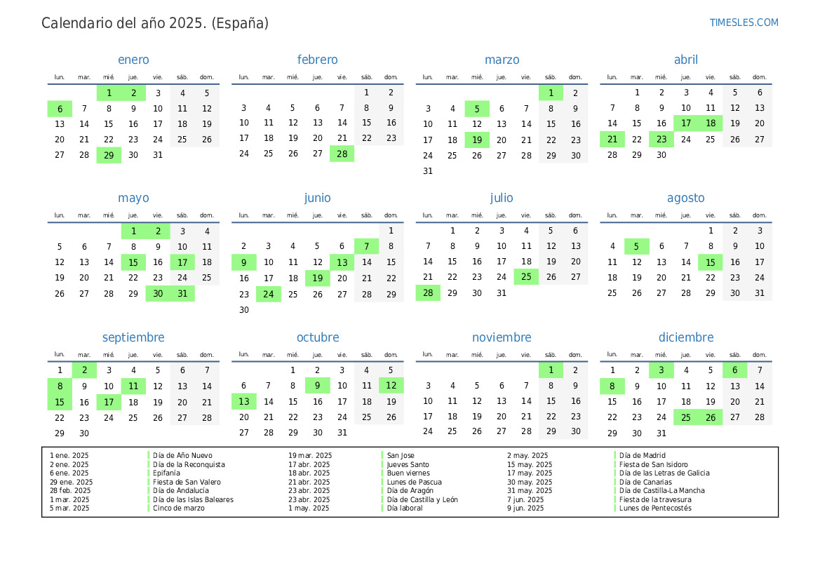 Calendario 2025 con días festivos en España  Imprimir y descargar calendario