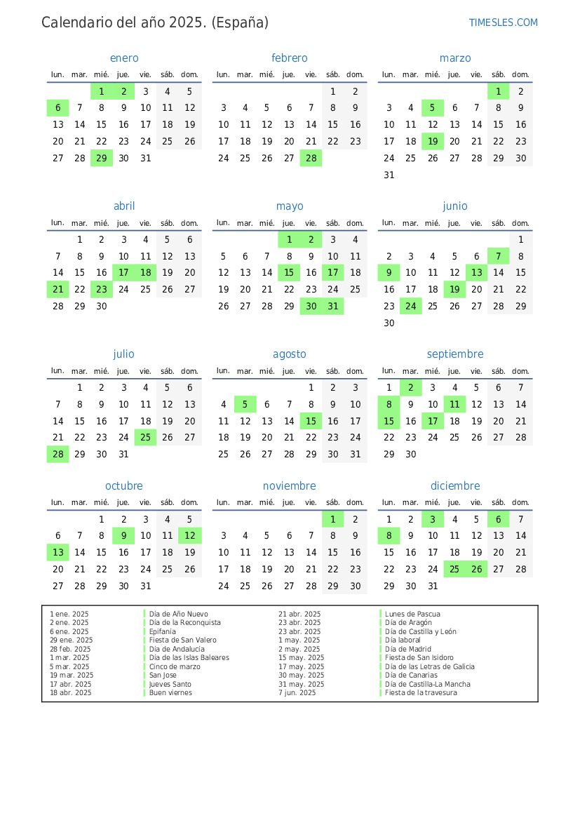 Calendario 2025 con días festivos en España  Imprimir y descargar calendario