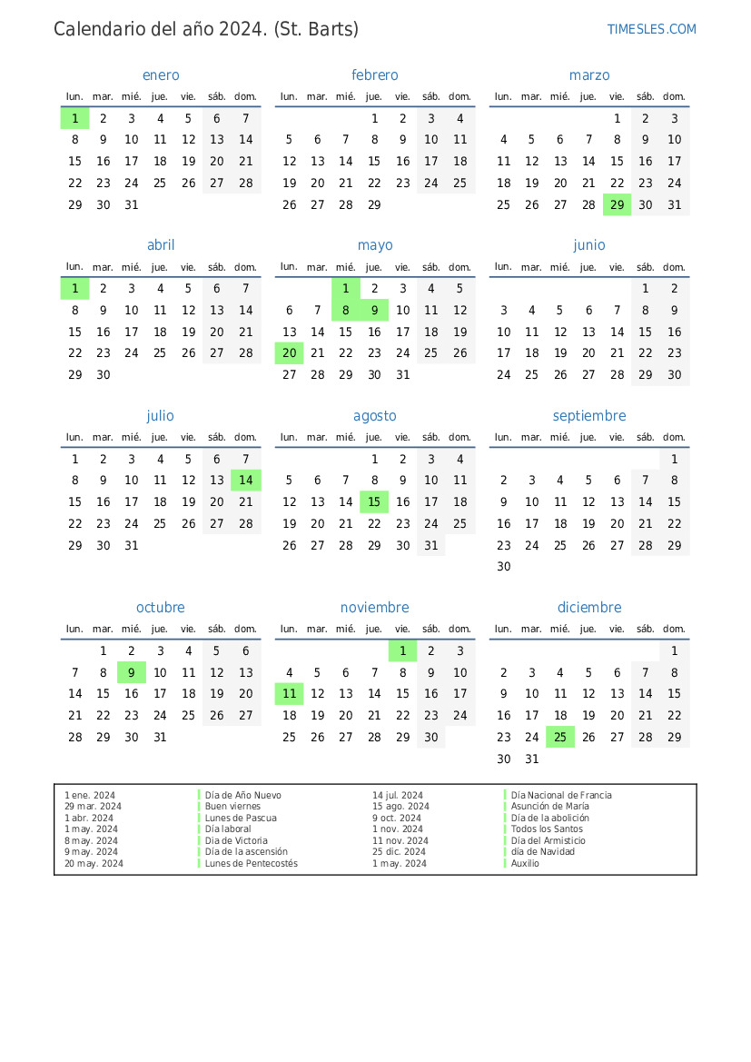 Calendario 2024 con días festivos en St. Barts Imprimir y descargar
