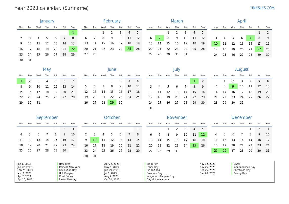 Calendar for 2023 with holidays in Suriname Print and download calendar