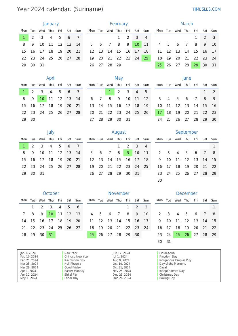 Calendar for 2024 with holidays in Suriname Print and download calendar