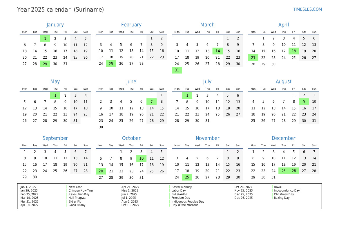 Calendar for 2025 with holidays in Suriname | Print and download calendar