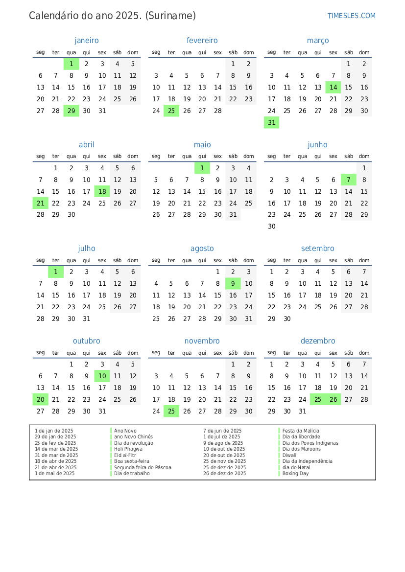 Calendário 2025 com feriados no suriname Imprimir e baixar calendário Calendar 2025 With Holidays Suriname