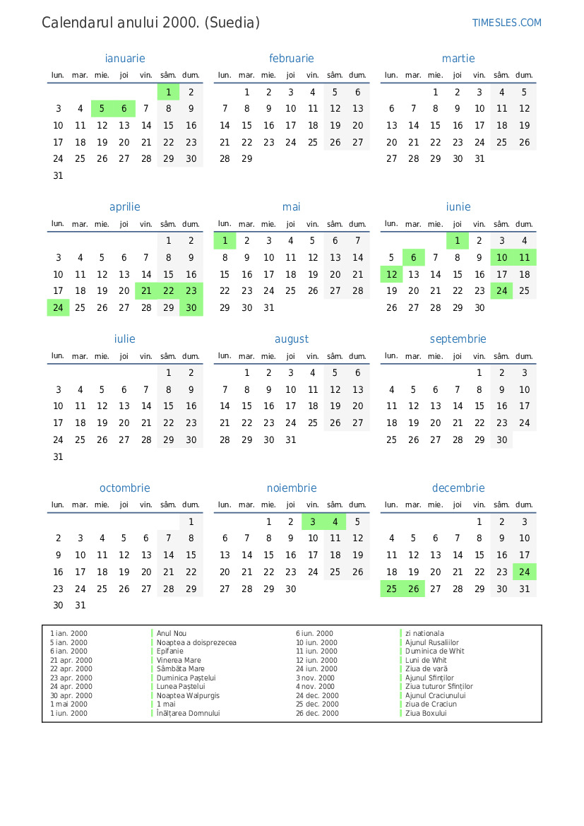 Calendar pentru anul 2000 cu sărbători în Suedia | Imprimați și ...