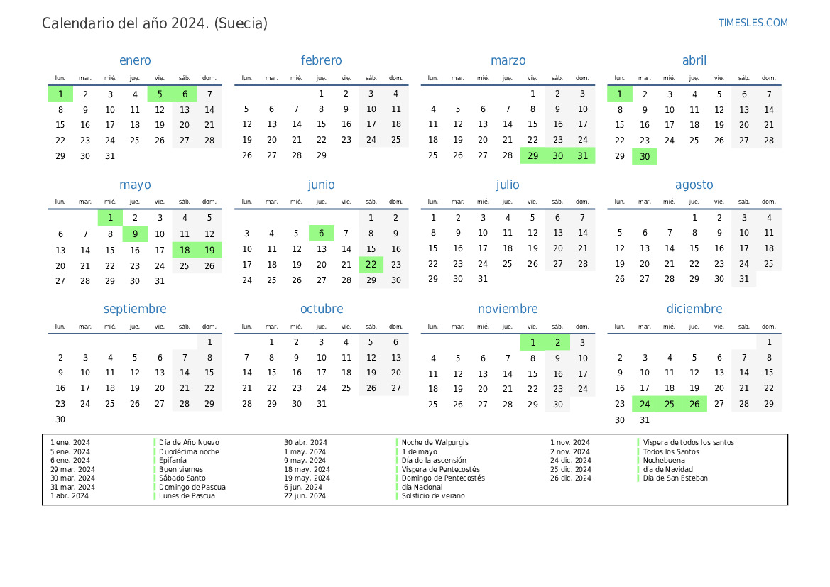 Calendario 2024 con días festivos en Suecia Imprimir y descargar