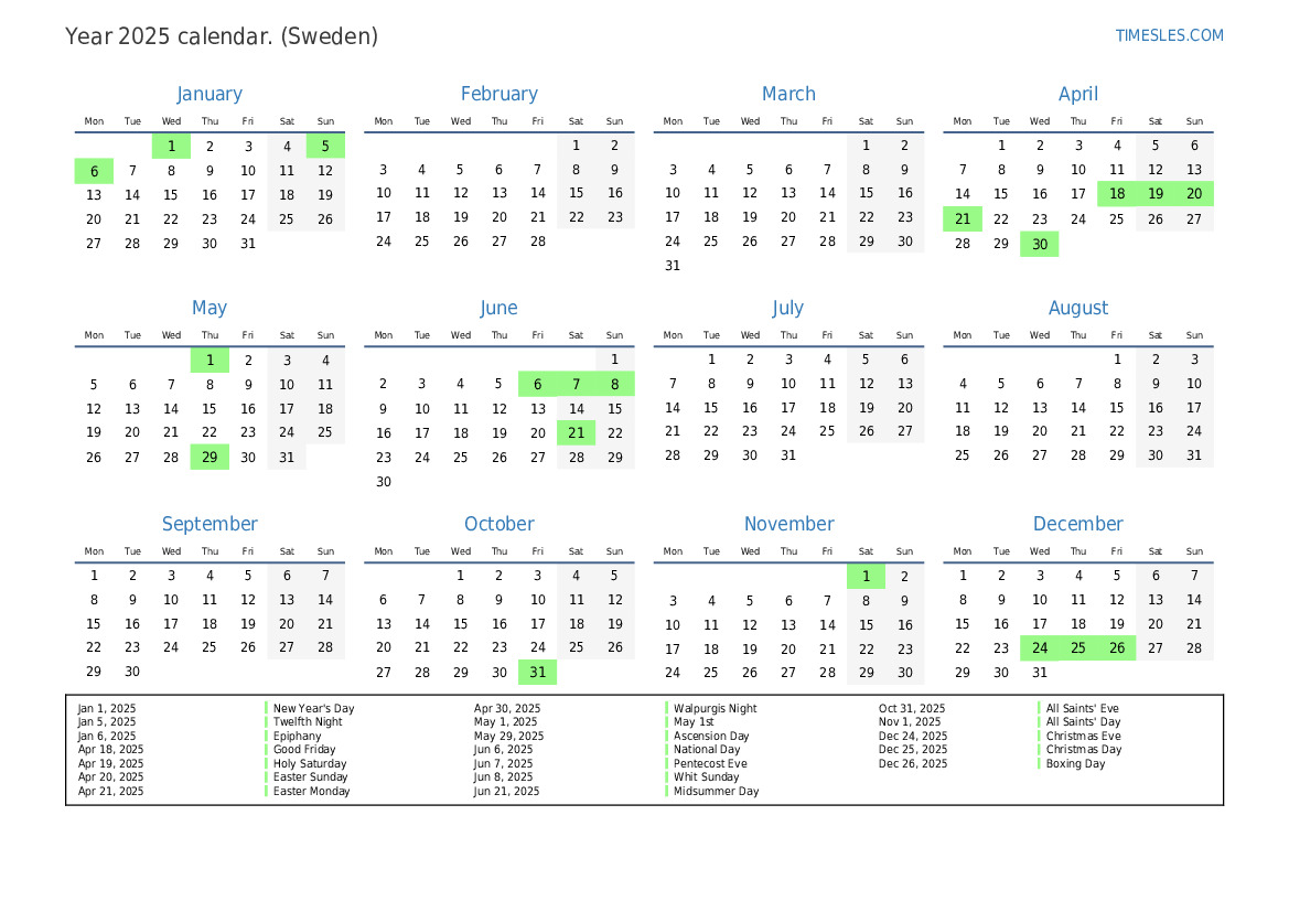 Calendar for 2025 with holidays in Sweden Print and download calendar
