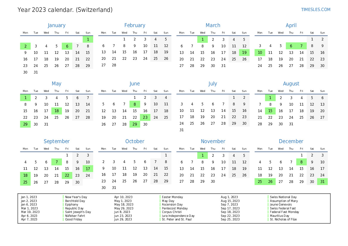 Calendar for 2023 with holidays in Switzerland Print and download