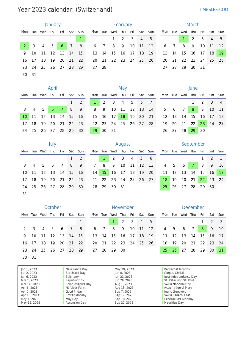 Calendar for 2023 with holidays in Switzerland | Print and download ...