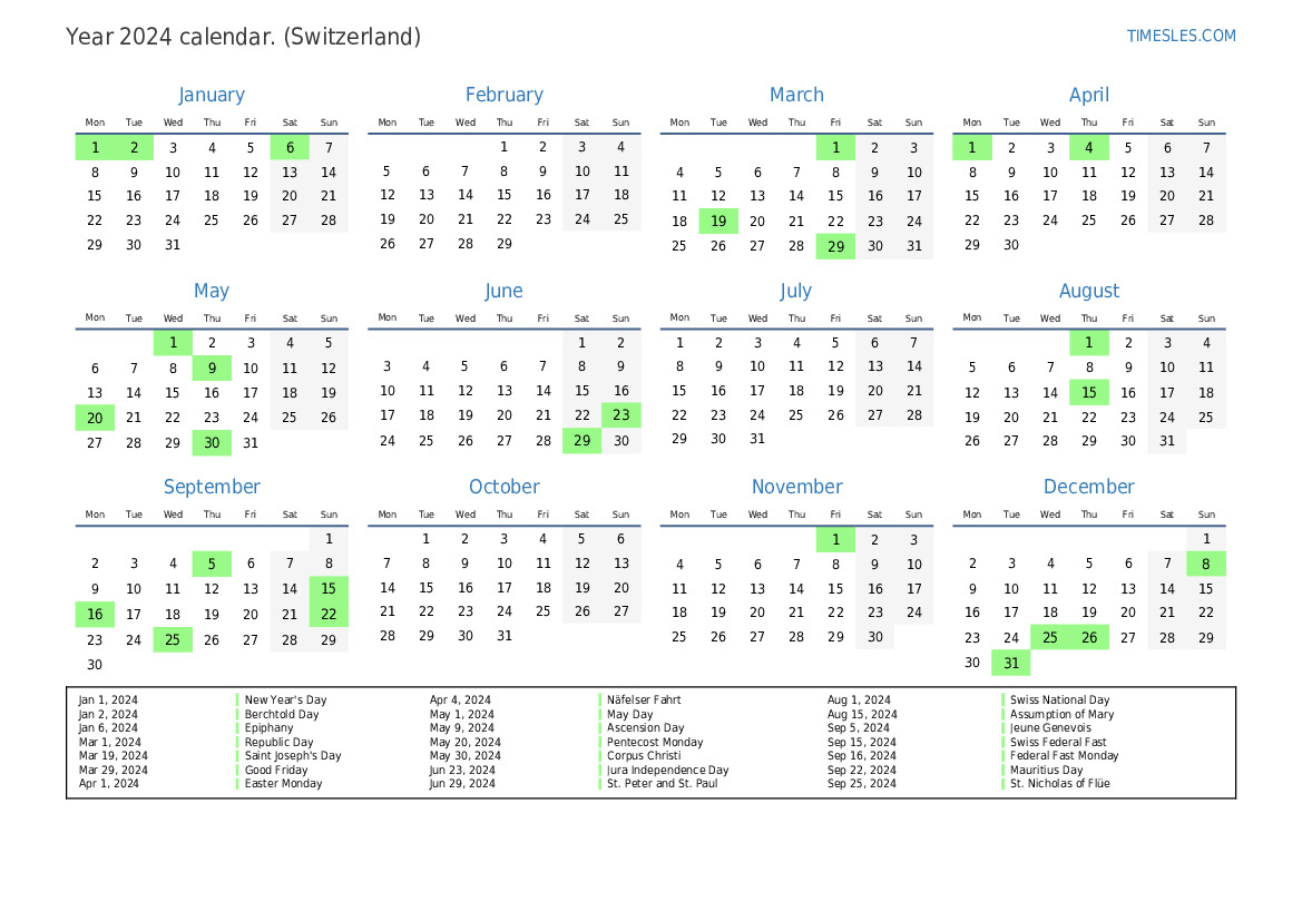 Calendar for 2024 with holidays in Switzerland | Print and download ...