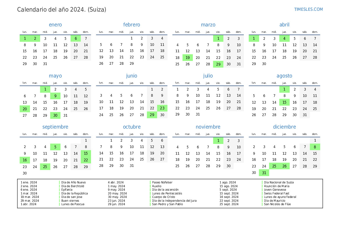 Calendario 2024 con días festivos En Suiza Imprimir y descargar