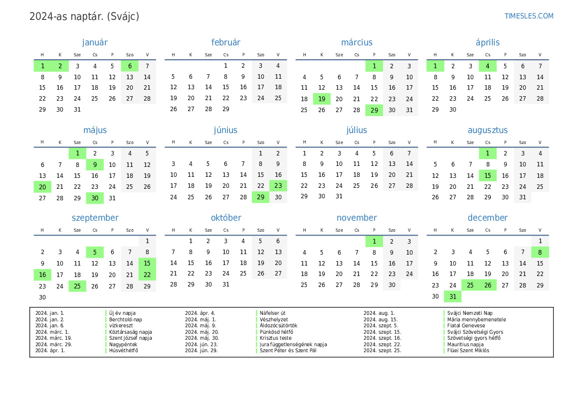 2024. évi naptár Svájcban ünnepekkel | Naptár nyomtatása és letöltése
