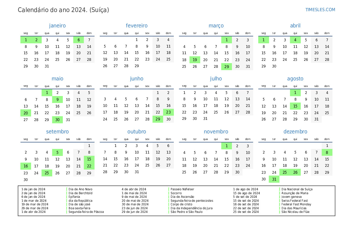 Calendário 2024 com feriados na Suíça Imprimir e baixar calendário