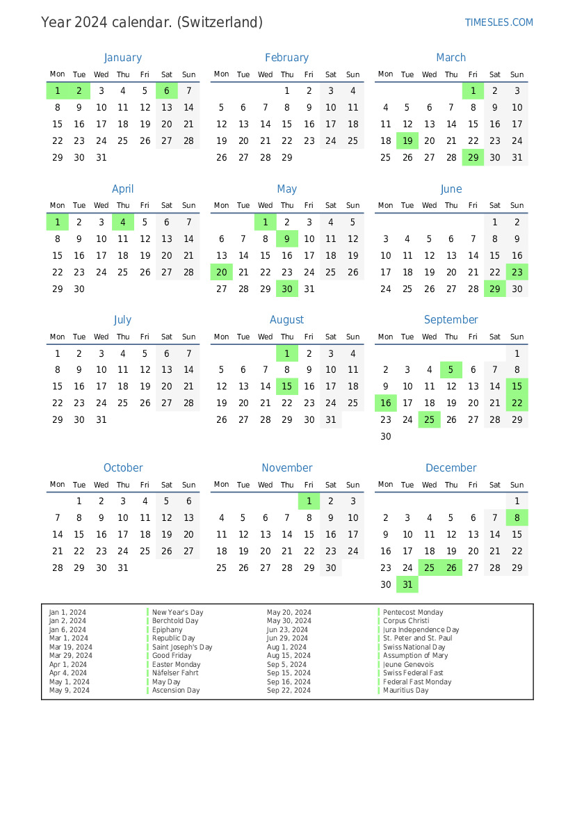 Calendar for 2024 with holidays in Switzerland Print and download
