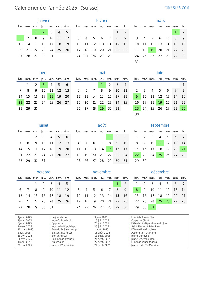 Calendrier 2025 avec jours fériés en Suisse Imprimer et télécharger le calendrier