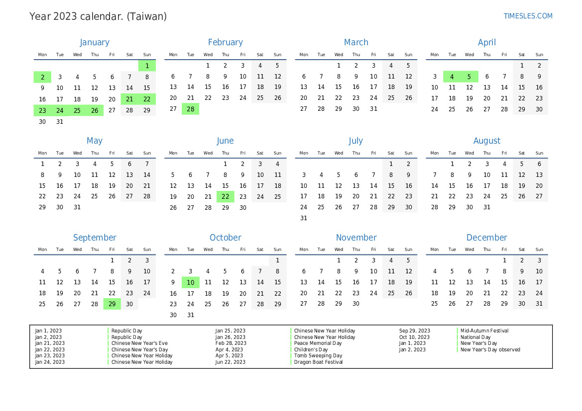 Calendar for 2023 with holidays in Taiwan Print and download calendar