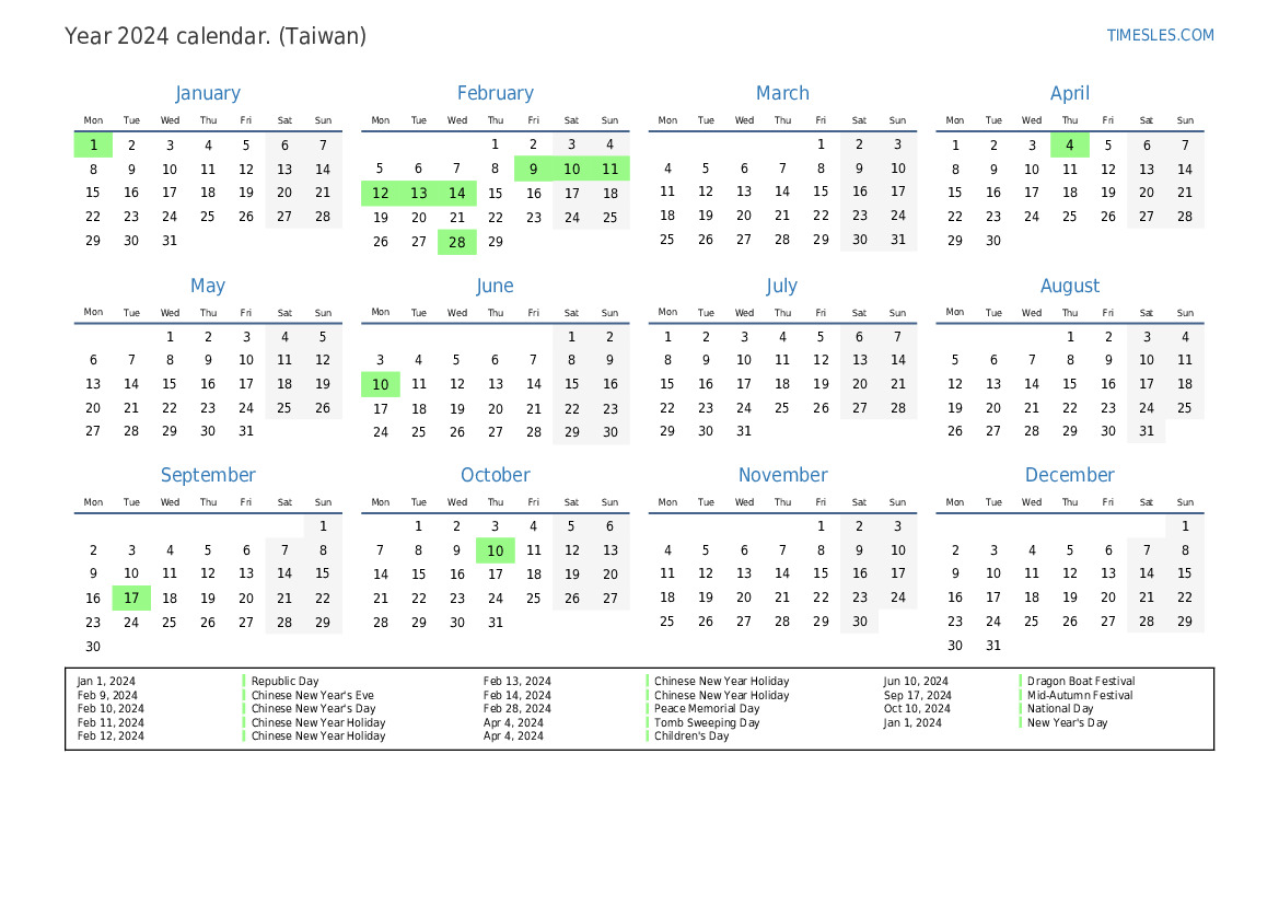 Calendar for 2024 with holidays in Taiwan Print and download calendar